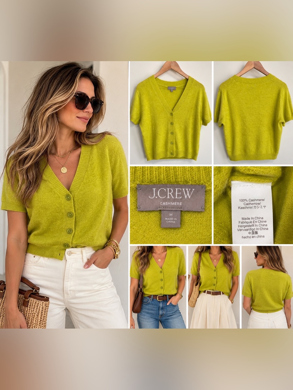 J.Crew 100% Cashmere Chartreuse Short Sleeve Cardigan Sweater M